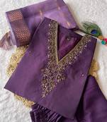 Purple hand work with roman silk straight kurti pant set