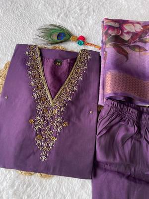 Purple hand work with roman silk straight kurti pant set 2