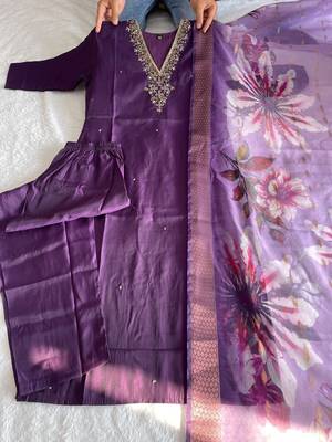 Purple hand work with roman silk straight kurti pant set 3