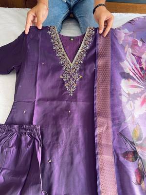 Purple hand work with roman silk straight kurti pant set 4
