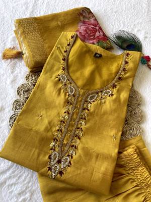 Musterd hand work with roman silk straight kurti pant set 1