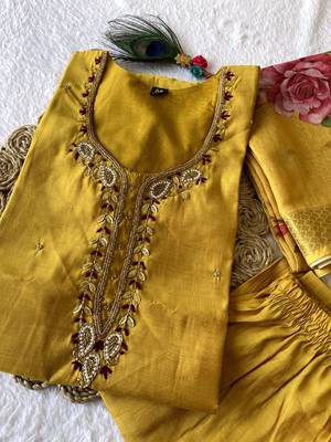 Musterd hand work with roman silk straight kurti pant set 2