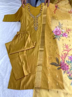 Musterd hand work with roman silk straight kurti pant set 3