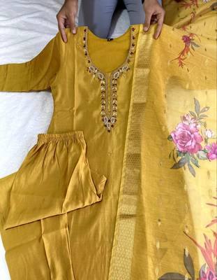Musterd hand work with roman silk straight kurti pant set 4