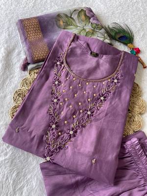 Green hand work with roman silk straight kurti pant set 1