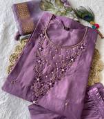 Green hand work with roman silk straight kurti pant set