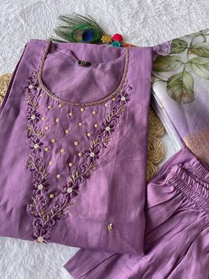 Green hand work with roman silk straight kurti pant set 2