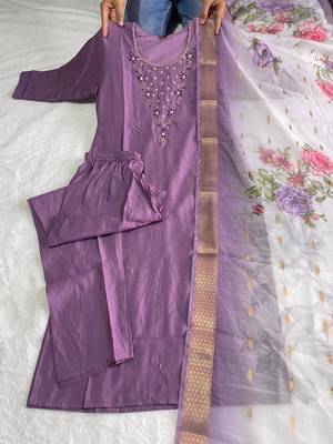 Green hand work with roman silk straight kurti pant set 3