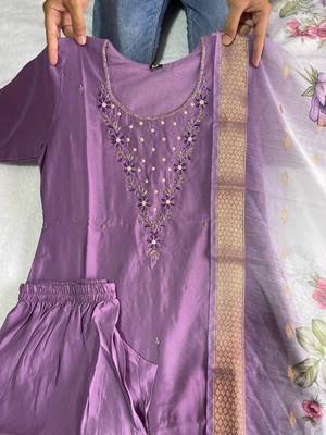 Green hand work with roman silk straight kurti pant set 4