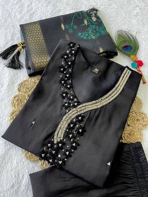 Black hand work with roman silk straight kurti pant set 1