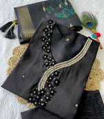 Black hand work with roman silk straight kurti pant set