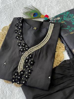 Black hand work with roman silk straight kurti pant set 2