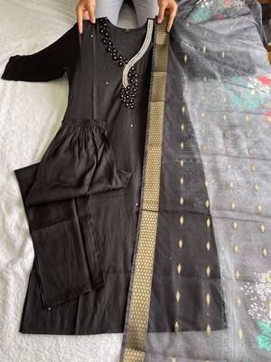Black hand work with roman silk straight kurti pant set 3