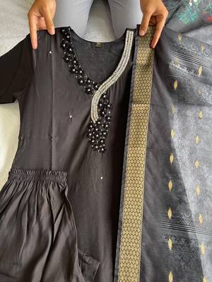 Black hand work with roman silk straight kurti pant set 4