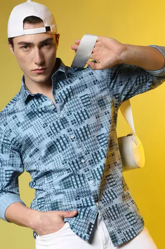 Men's prussian blue arygle checkered block shirt