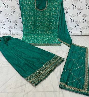 Green colour zari woven chinnon fabric heavy partywear sharara dress 3