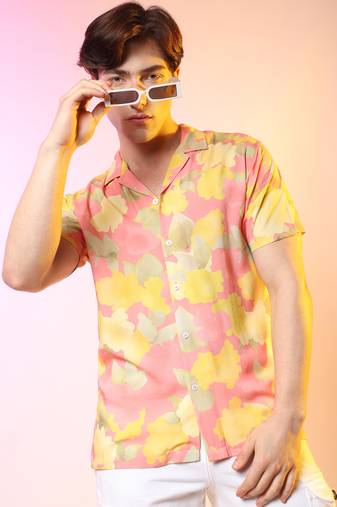Men's peach orange flora foliage shirt