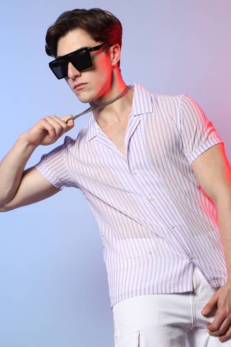 Men's white & lavender unbalanced striped shirt