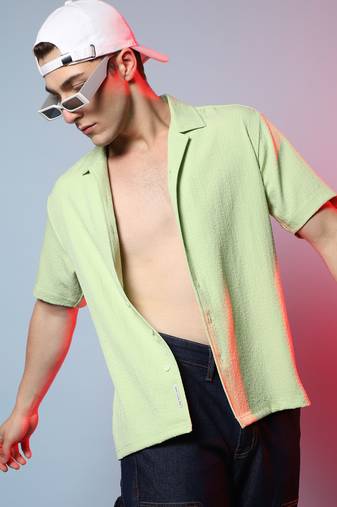 Men's lime green self-design creased box shirt