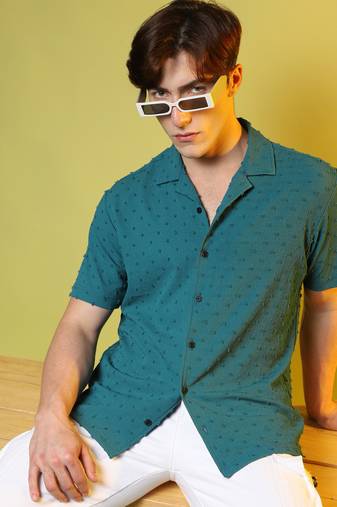 Men's teal green self-design pom-pom shirt