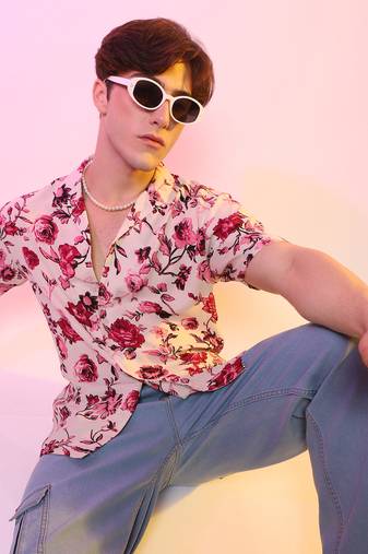 Men's vermillion red & ivory white rose shirt
