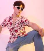 Men's vermillion red & ivory white rose shirt