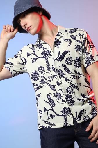 Men's midnight black & ivory white contrast flower shirt