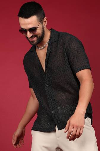 Men's midnight black floral embroidered shirt