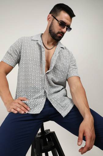 Men's moon grey floral embroidered shirt