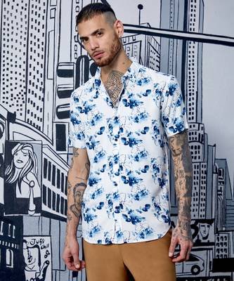 Men's blue & white botanical strokes shirt 1