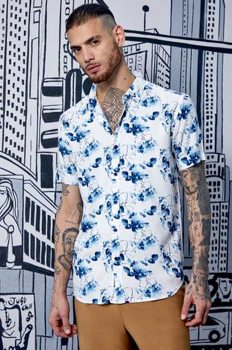 Men's blue & white botanical strokes shirt
