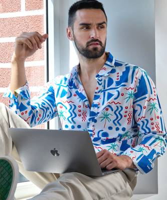 Men's ecoliva white & blue geometric palm tree shirt 1