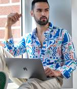 Men's ecoliva white & blue geometric palm tree shirt