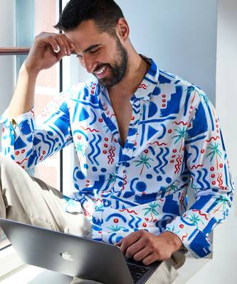 Men's ecoliva white & blue geometric palm tree shirt 2