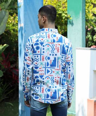 Men's ecoliva white & blue geometric palm tree shirt 3