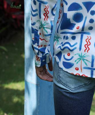 Men's ecoliva white & blue geometric palm tree shirt 4