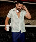 Men's white & green unbalanced striped woven shirt