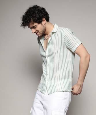 Men's white & green unbalanced striped woven shirt 2