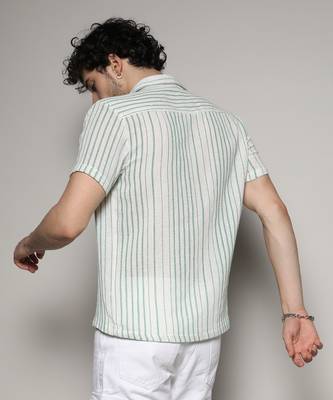 Men's white & green unbalanced striped woven shirt 3