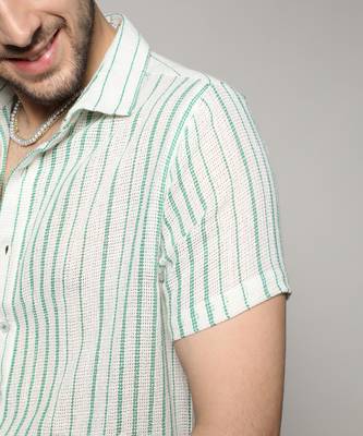 Men's white & green unbalanced striped woven shirt 4