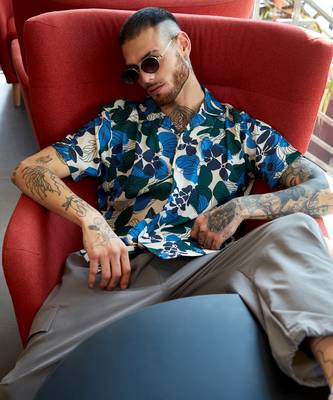 Men's azure blue & forest green floral abstract shirt 1