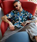 Men's azure blue & forest green floral abstract shirt