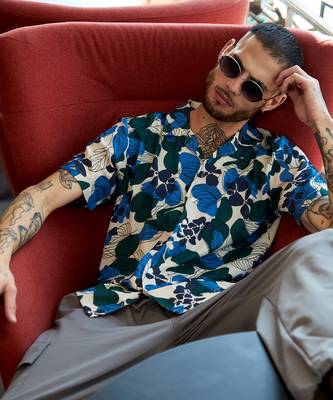 Men's azure blue & forest green floral abstract shirt 2