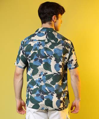 Men's azure blue & forest green floral abstract shirt 3