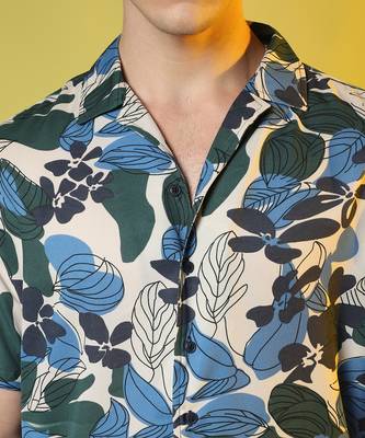 Men's azure blue & forest green floral abstract shirt 4