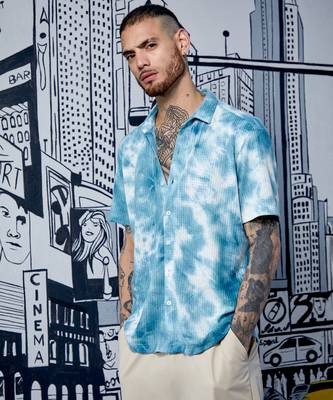 Men's ivory white & sky blue tie-dye knit shirt 1