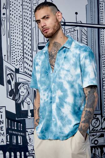 Men's ivory white & sky blue tie-dye knit shirt