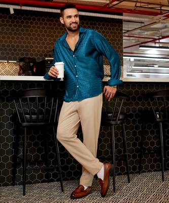 Men's aegean blue curly-creased shirt 2