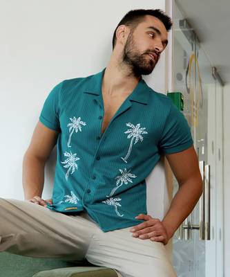 Men's teal blue palm tree knit shirt 1
