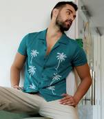 Men's teal blue palm tree knit shirt